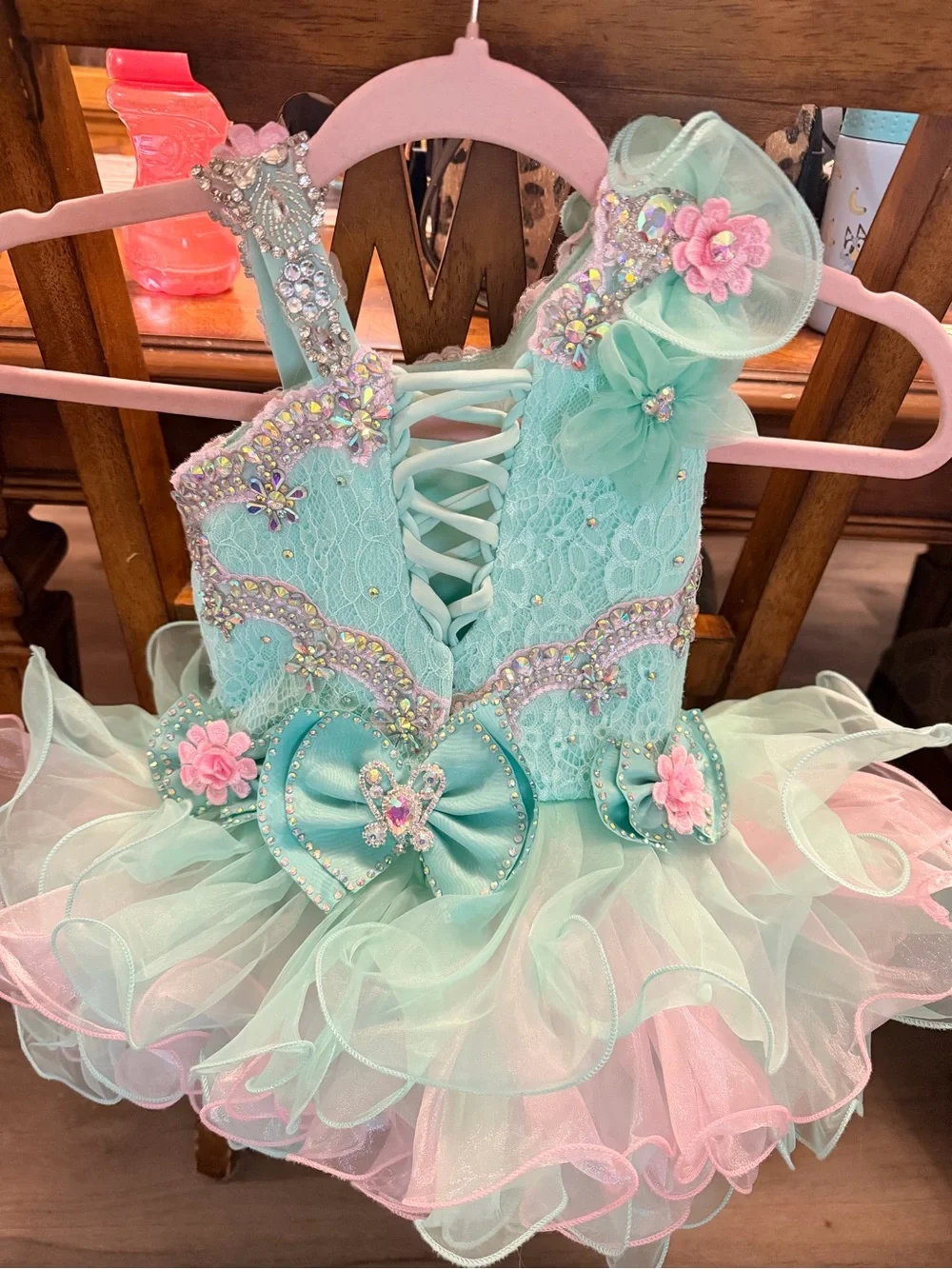 Jennifer Wu Mint Cupcake rhinestone pageant dress with Pink Floral Accents.